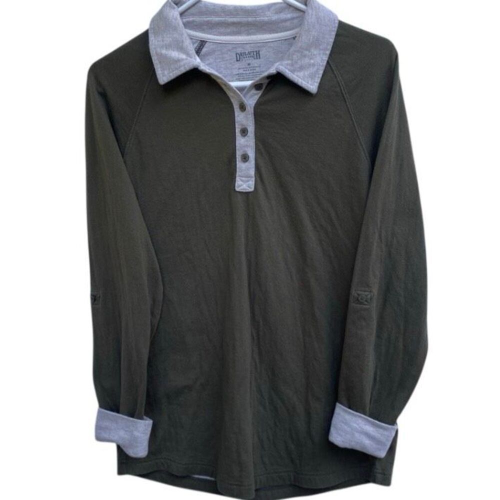 Duluth Trading Co Men Long Sleeve Polo Henley Shirt Medium Green Gray Collar Cas